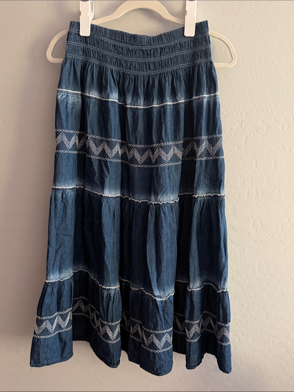 indigo & Lace  Smocked Waist Indigo Tiered Maxi Skirt with White Embroidery S